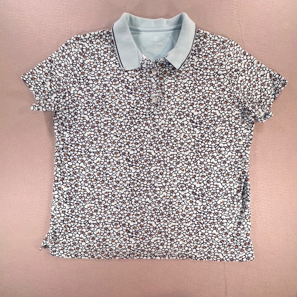 Lands End Womens Blue Floral Daisy Pima Cotton Polo Shirt Size M 10-12 440321